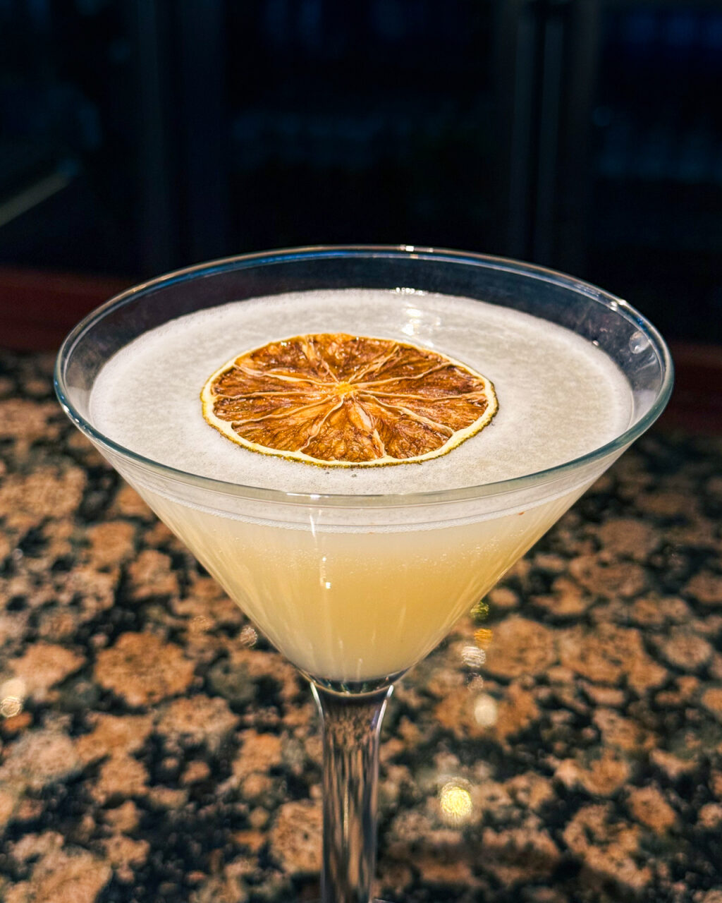 A white, cloudy cocktail in a martini glass with a dried citrus garnish. 