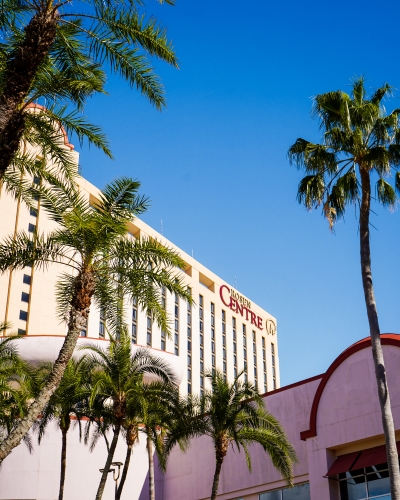 The corner of Rosen Centre hotel with palm trees in the foreground.