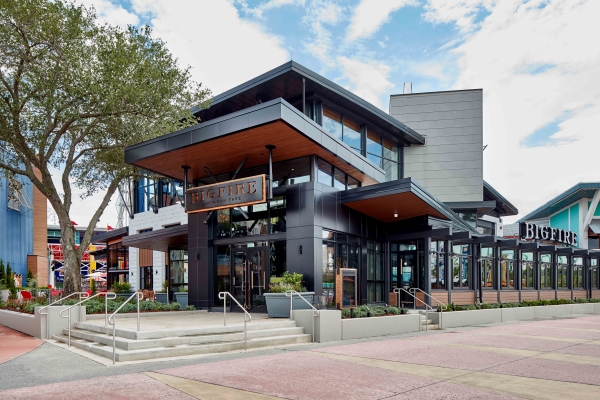 The exterior of the modern Bigfire restaurant at Universal CityWalk, which is one of the best theme park restaurants.