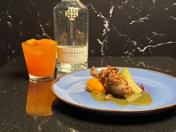 Crispy duck paired with Codigo Golden Orchard Margarita.