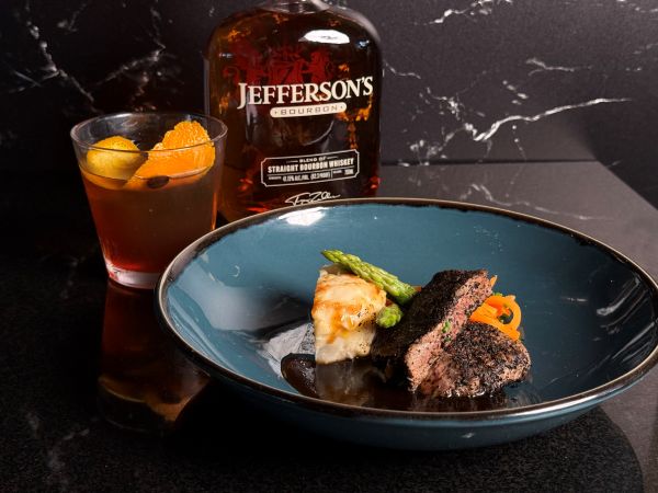 Grilled sirloin paired with Jefferson's Midnight Old Fashioned.