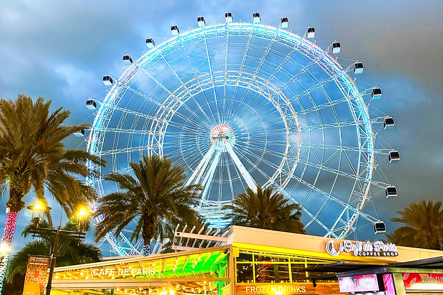 The Orlando Eye, a towering white observation wheel at twilight with silhouetted palm trees and lit buildings below. 