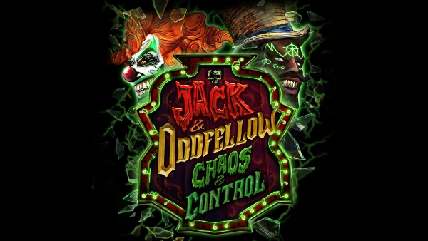 An image of a scary clown and evil man in a promo image for Jack & Oddfellow Chaos vs. Control at HHN 35. 