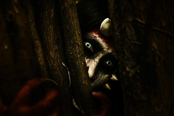 A disturbing face and glowing eyes of a monster peers out from behind the trunk of a tree in darkness.