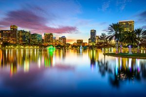 Orlando downtown skyline at Lake Eola Park