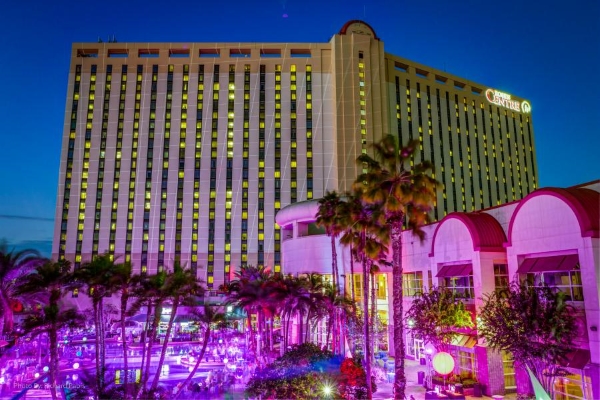 An outdoor event around the Rosen Centre pool at twilight, with purple glowing lights. 