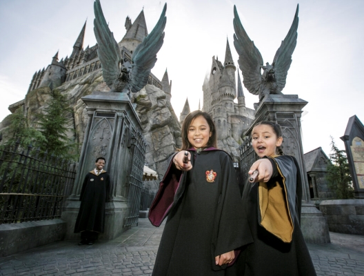 Two children in Harry Potter robes stand in front of the gates of Hogwarts castle pointing wands at the camera.