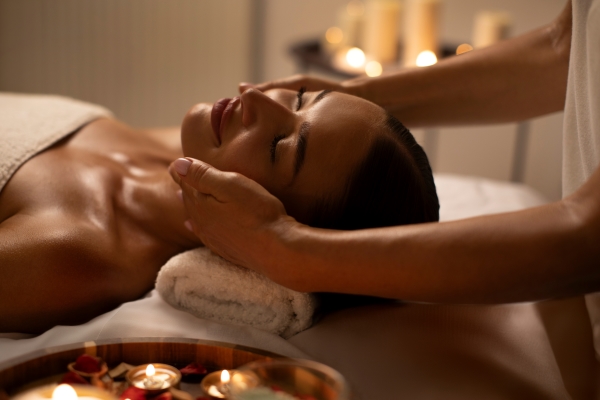 A smiling woman with her eyes closed lies on her back in a dimly lit room while an esthetician massages her face. 