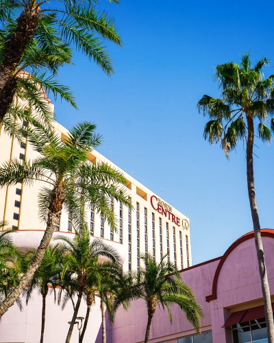 The corner of a hotel with a sign that reads "Rosen Centre" against a blue sky surrounded by palm trees.