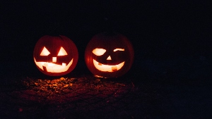 Two pumpkins side by side at Sea World's Howl-o-Scream event for Halloween.